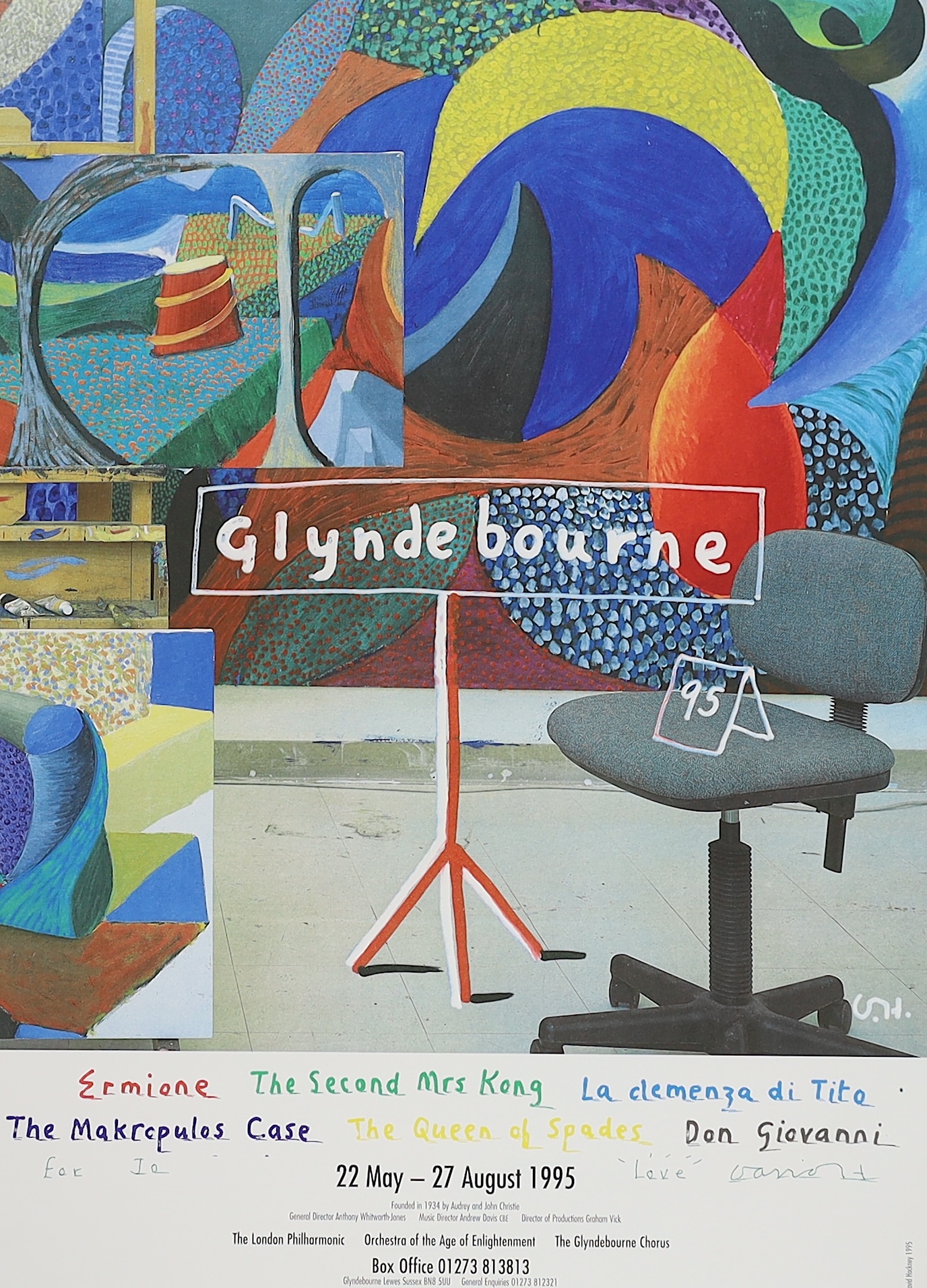 David Hockney (b.1937), Glyndebourne 95 Exhibition poster signed by the artist 'for Jo, love David H.' 58 x 41cm